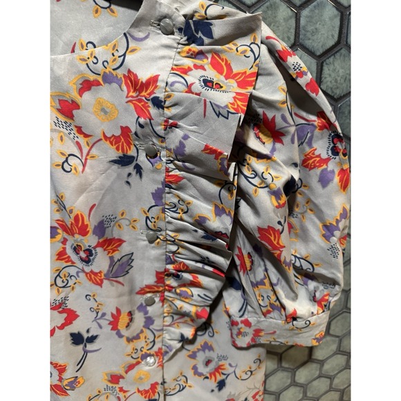 VTG Patterned Women's‎ Small Asymmetrical Ruffle Front Floral Pattern Gray Top - Picture 2 of 6
